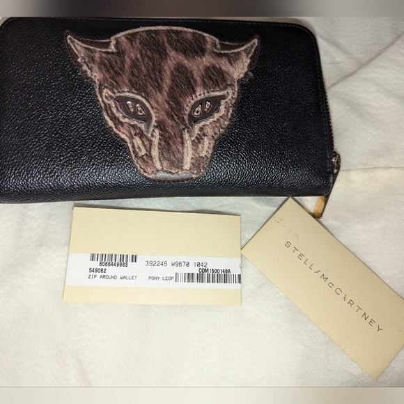 Stella McCartney Vegan Leather Calf Hair Leopard Zip Around Wallet Black VGUC - Picture 4 of 11